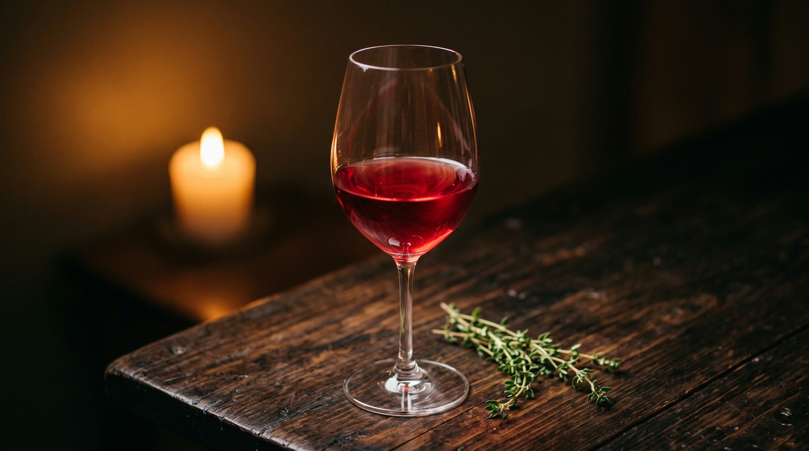 Copa de vino tinto claro junto a una ramita de tomillo.