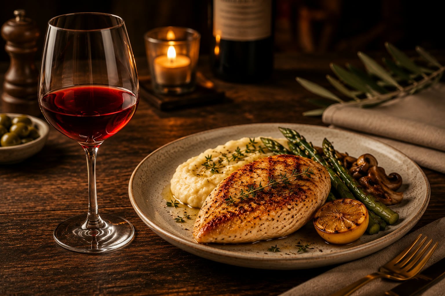 Copa de vino tinto junto a una pechuga de pollo a la parrilla con espárragos y puré, iluminada con vela.