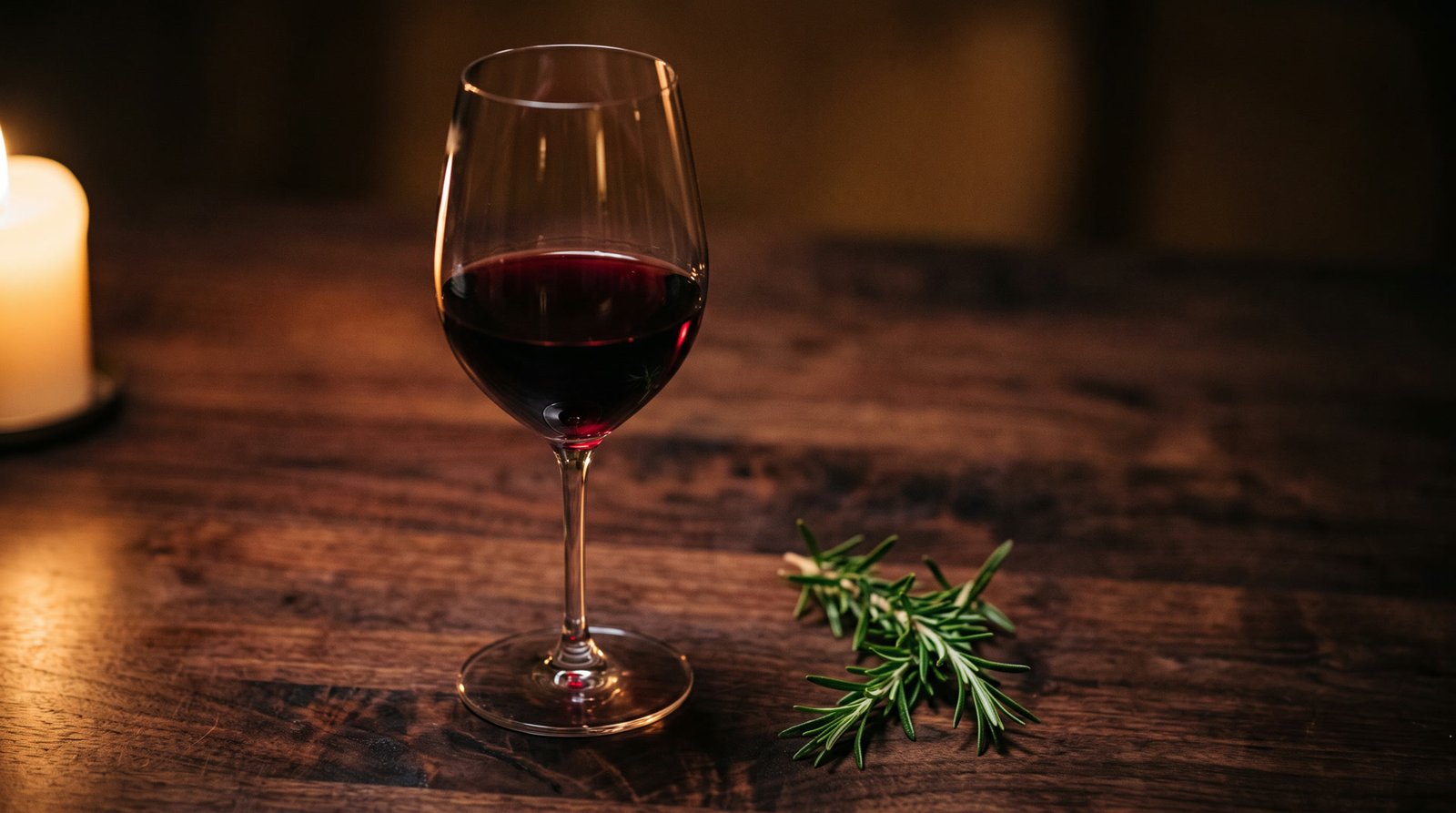 Copa de vino tinto profundo junto a una ramita de romero.