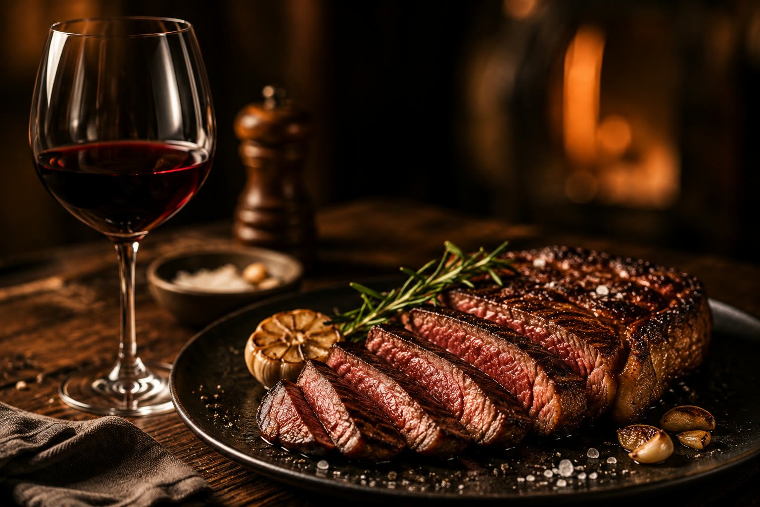 Copa de vino tinto junto a un filete a la parrilla cortado en lonjas, con ajo asado y romero, junto a la chimenea.