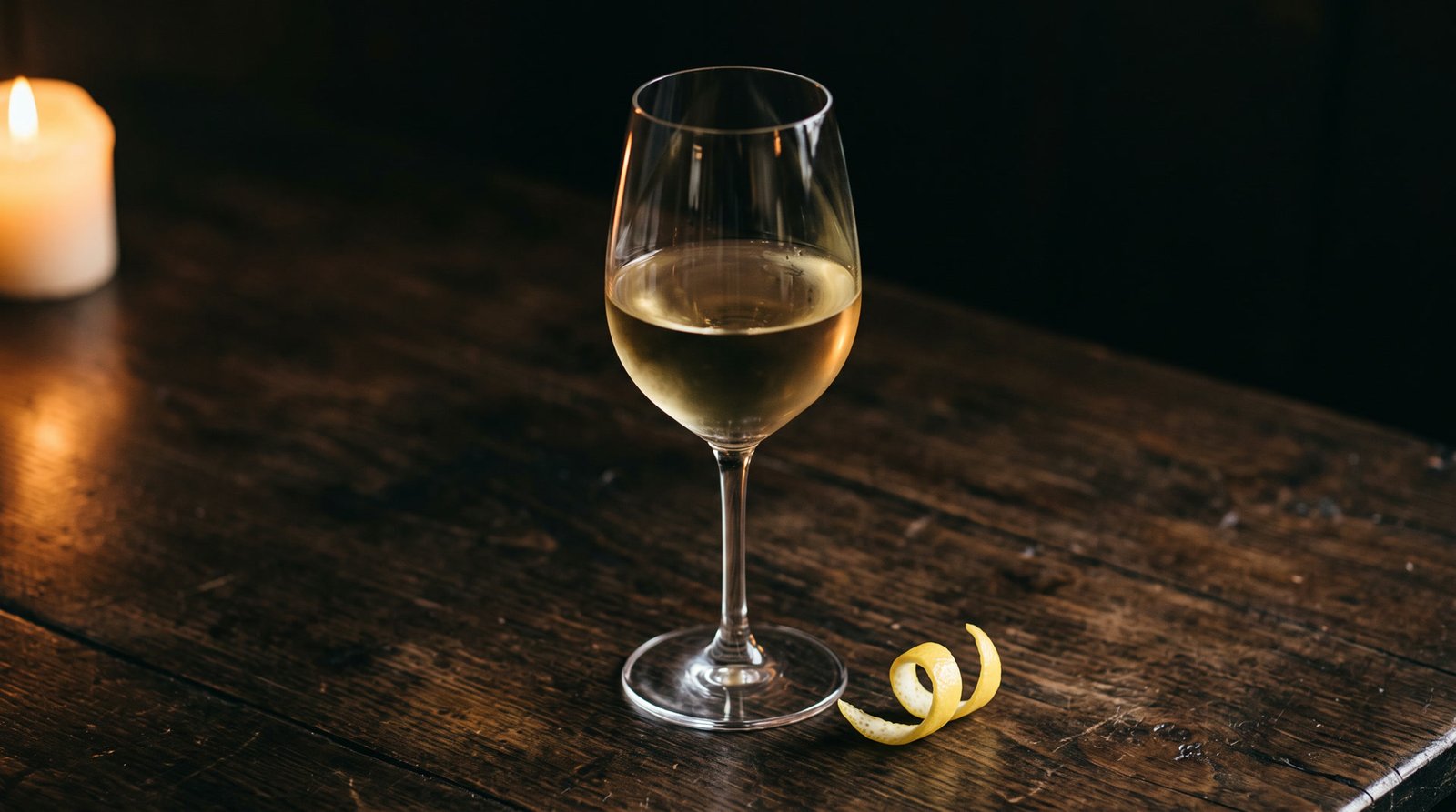 Copa de vino blanco junto a una espiral de cáscara de limón.