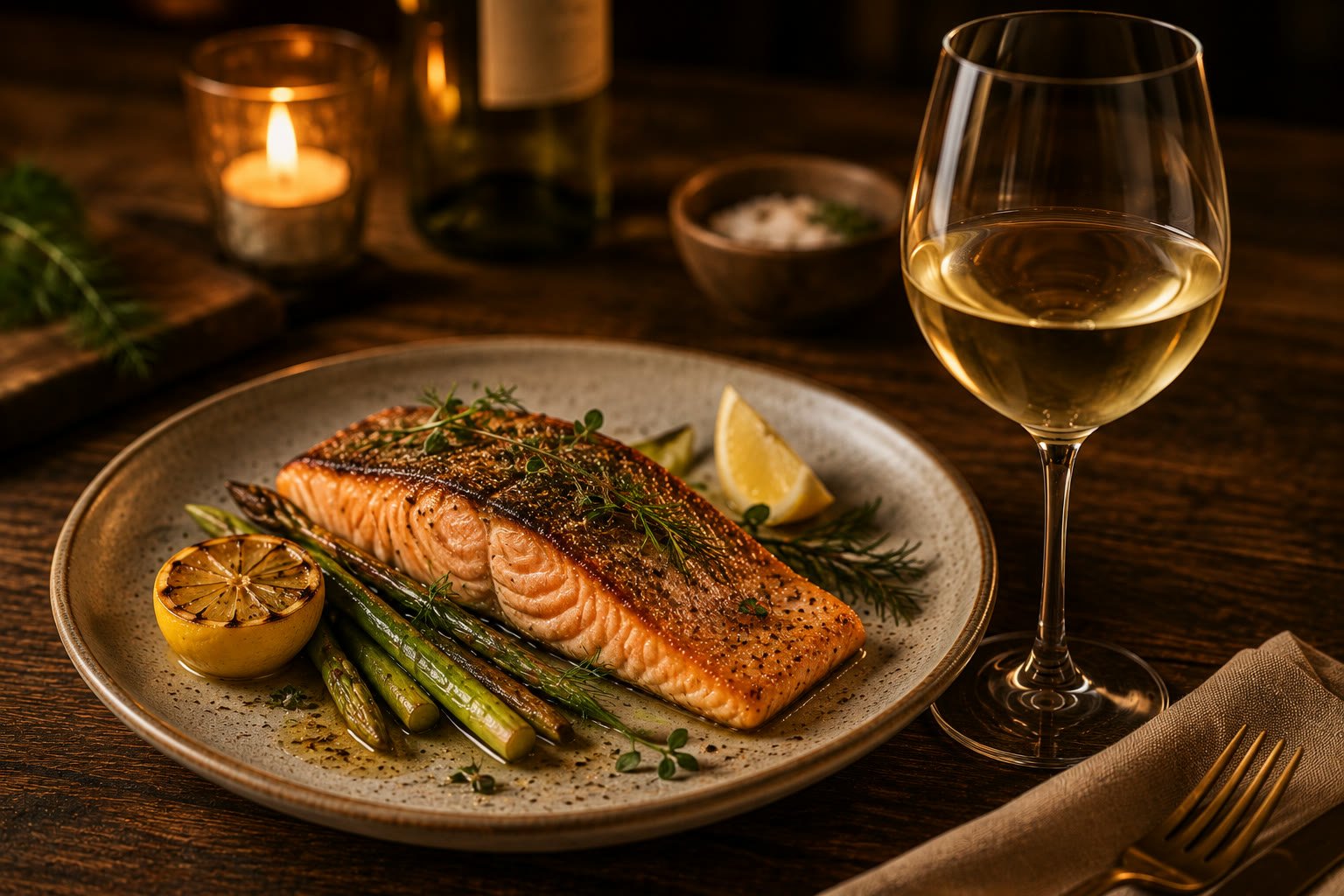 Copa de vino blanco junto a un filete de salmón a la parrilla con espárragos y limón, iluminado con vela.